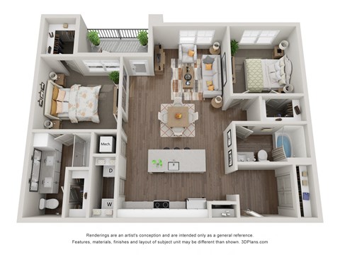 Floor plan for 2 beds, 2 baths, 1176 sqft